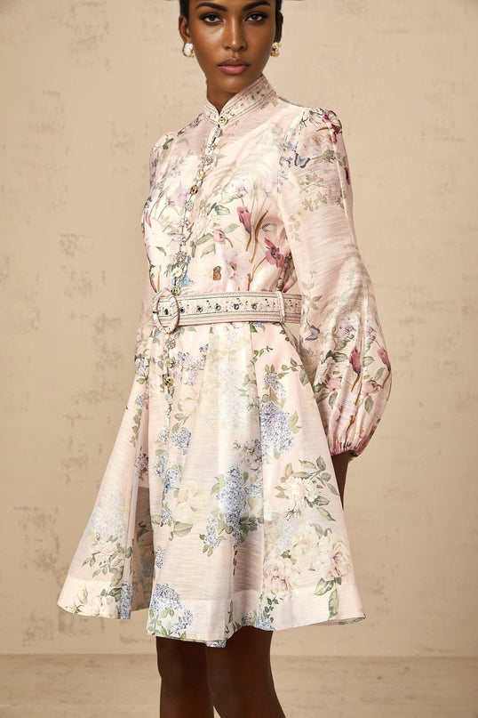 Daniela Pink Floral Mini Dress with Belted Waist Long Sleeves and Flounced Skirt
