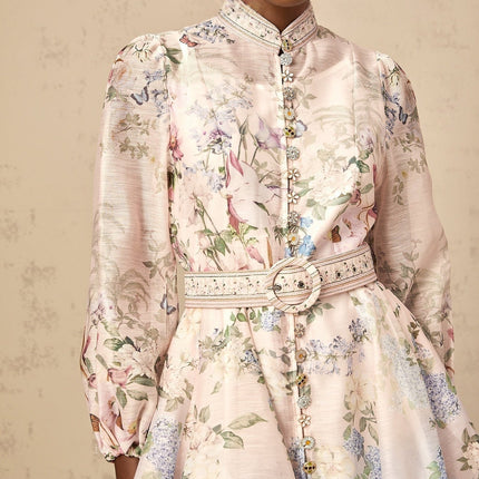 Daniela Pink Floral Mini Dress with Belted Waist Long Sleeves and Flounced Skirt
