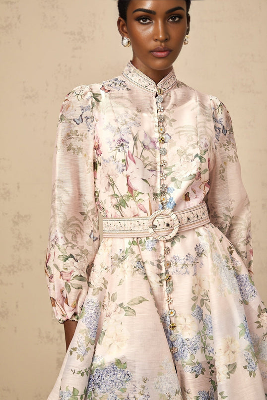 Daniela Pink Floral Mini Dress with Belted Waist Long Sleeves and Flounced Skirt
