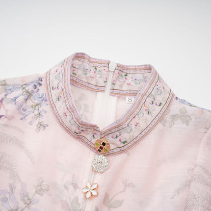 Daniela Pink Floral Mini Dress with Belted Waist Long Sleeves and Flounced Skirt