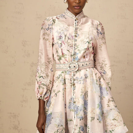 Daniela Pink Floral Mini Dress with Belted Waist and Long Sleeves