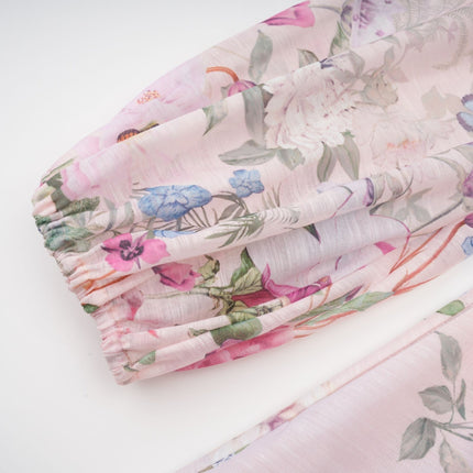 Daniela Pink Floral Mini Dress with Belted Waist Long Sleeves and Flounced Skirt