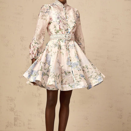 Daniela Pink Floral Mini Dress with Belted Waist Long Sleeves and Flounced Skirt