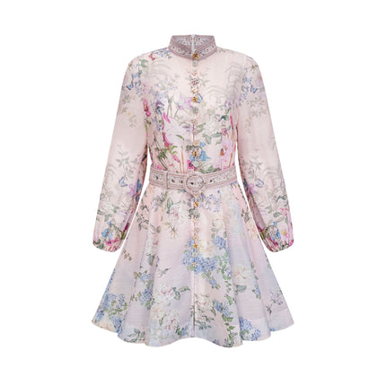 Daniela Pink Floral Mini Dress with Belted Waist Long Sleeves and Flounced Skirt