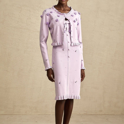 Daniela Purple Cardigan Dress Faux Flower Knit Set