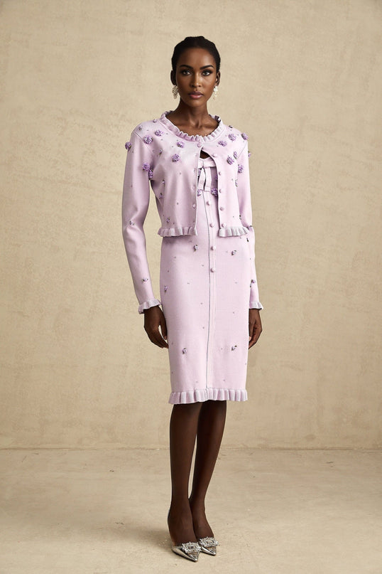 Daniela Purple Cardigan Dress Faux Flower Knit Set