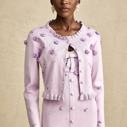 Daniela Purple Cardigan Dress Set Faux Flower Knit Wool Viscose Blend