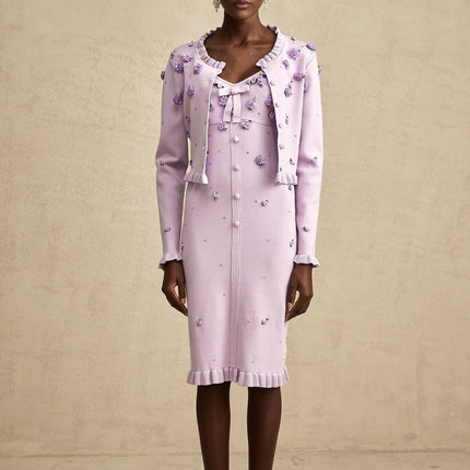 Daniela Purple Cardigan Dress Set Faux Flower Knit