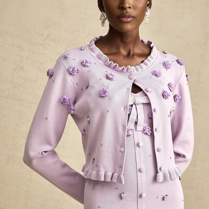 Daniela Purple Cardigan Dress Set Faux Flower Knit