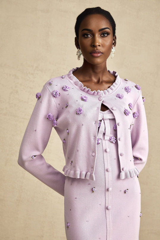 Daniela Purple Cardigan Dress Set Faux Flower Knit