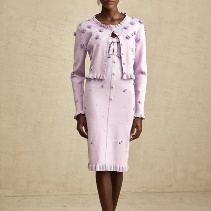 Daniela Purple Cardigan Dress Set Faux Flower Knit