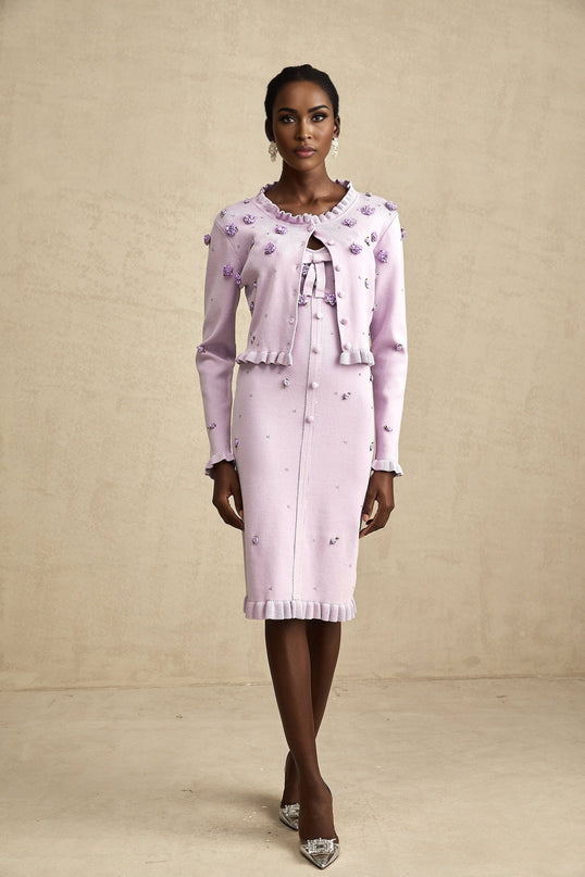 Daniela Purple Cardigan Dress Set Faux Flower Knit