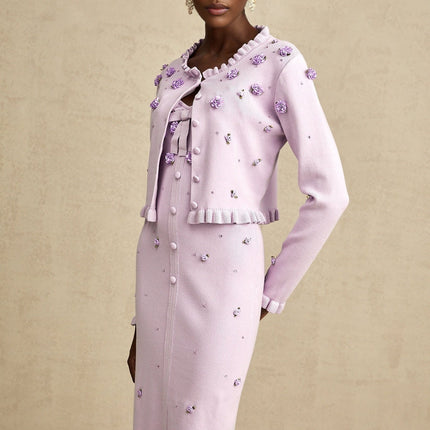 Daniela Purple Cardigan Dress Set Faux Flower Knit