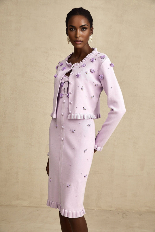 Daniela Purple Cardigan Dress Set Faux Flower Knit