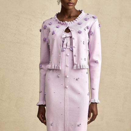 Daniela Purple Cardigan Dress Set Faux Flower Knit