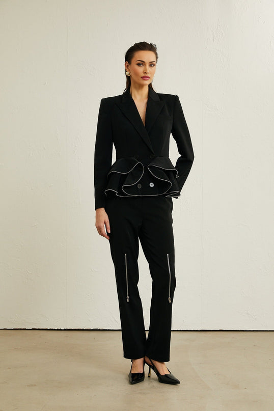 Danielle Black Jacket Trousers Zip Detail Matching Set