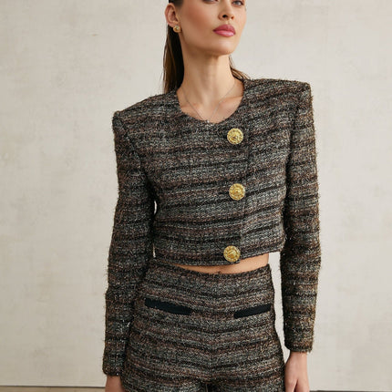 Danielle Brown & Gold Tweed Metallic Thread Shorts