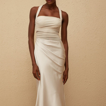 Danielle Grey Mesh Panel Maxi Dress with Ruched Detailing and Flared Hem