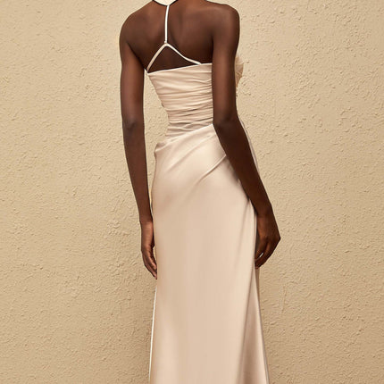 Danielle Maxi Dress Grey Mesh Paneling Ruched Detailing Fitted Waistline Flared Hem Halterneck Sleeveless Adjustable Straps Built-in Cups Bra Side Zip Fastening 100% Terylene Fiber