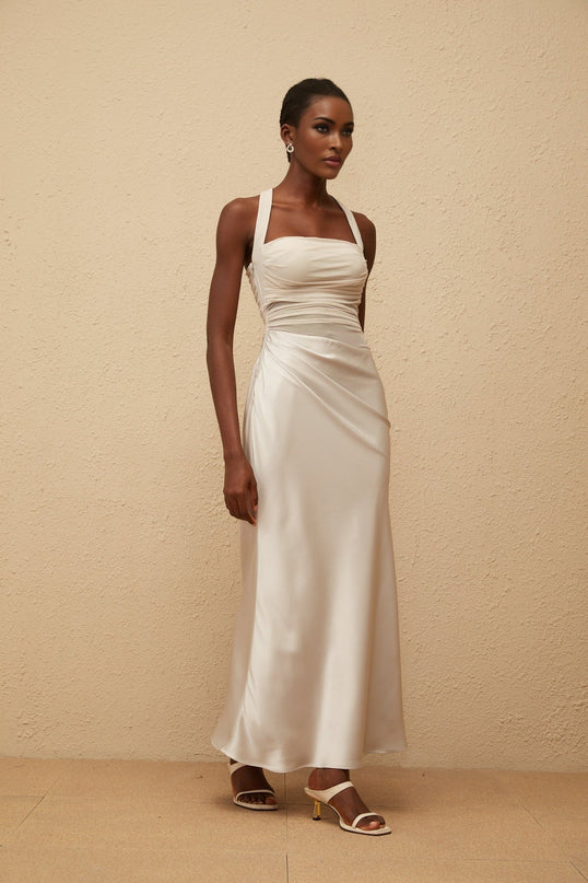 Danielle Maxi Dress in Grey with Mesh Paneling and Ruched Detailing