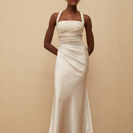 Danielle Maxi Dress in Grey with Mesh Paneling and Ruched Detailing