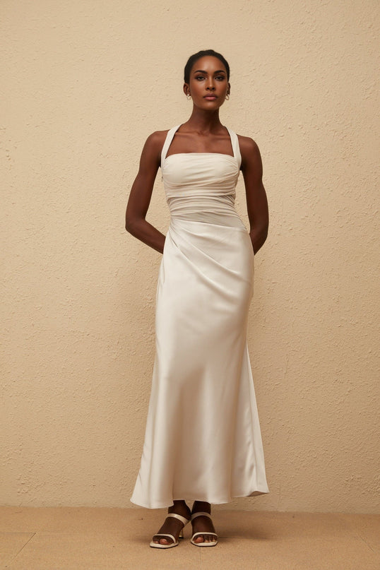 Danielle Maxi Dress in Grey with Mesh Paneling and Ruched Detailing