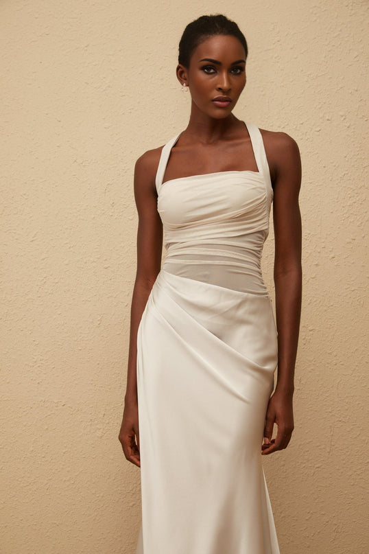 Danielle Maxi Dress in Grey with Mesh Paneling and Ruched Detailing
