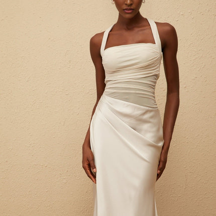 Danielle Maxi Dress in Grey with Mesh Paneling and Ruched Detailing
