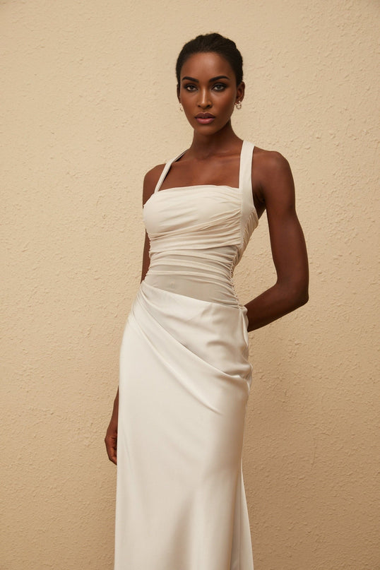 Danielle Maxi Dress in Grey with Mesh Paneling and Ruched Detailing