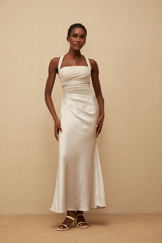 Danielle Maxi Dress Grey mesh paneling ruched detailing fitted waistline flared hem halterneck sleeveless adjustable straps built-in cups bra side zip fastening 100% Terylene fiber luxury charm special occasions elegant sophistication grace style timeless ensemble