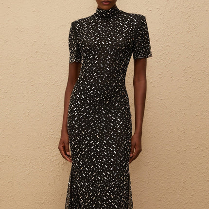 Danielle Mesh Embellished Black Midi Dress with Crystal and Rhinestone Embellishment