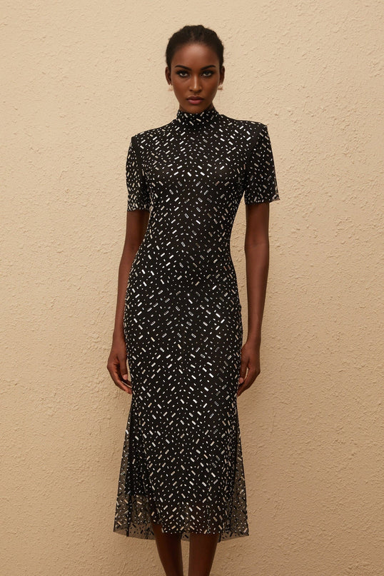 Danielle Mesh Embellished Black Midi Dress with Crystal and Rhinestone Embellishment