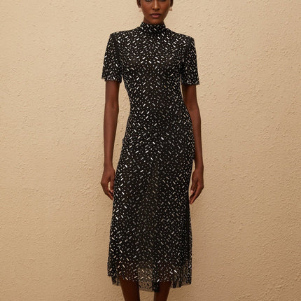 Danielle Mesh Embellished Black Midi Dress with Crystal and Rhinestone Embellishment