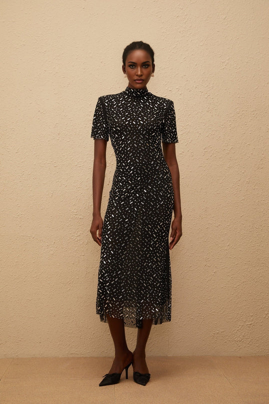 Danielle Mesh Embellished Black Midi Dress with Crystal and Rhinestone Embellishment