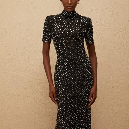 Danielle Mesh Embellished Black Midi Dress with Crystal and Rhinestone Embellishment