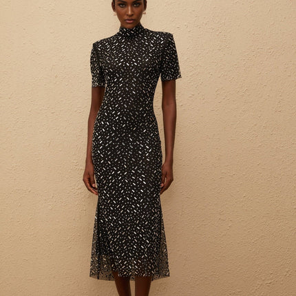 Danielle Mesh Embellished Black Midi Dress with Crystal and Rhinestone Embellishment