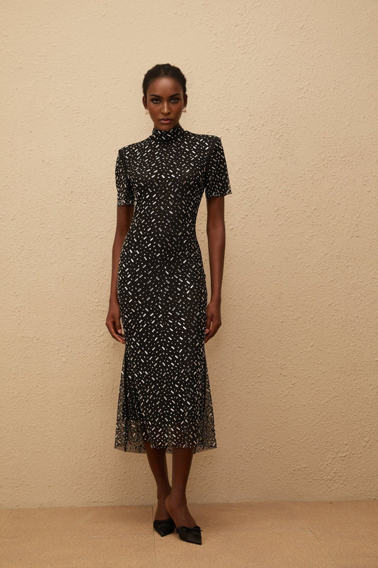 Danielle Mesh Embellished Black Midi Dress with Crystal and Rhinestone Embellishment