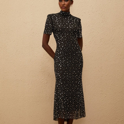Danielle Mesh Embellished Black Midi Dress with crystal and rhinestone embellishment