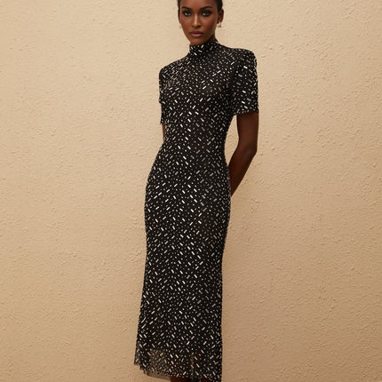 Danielle Mesh Embellished Black Midi Dress with crystal and rhinestone embellishment
