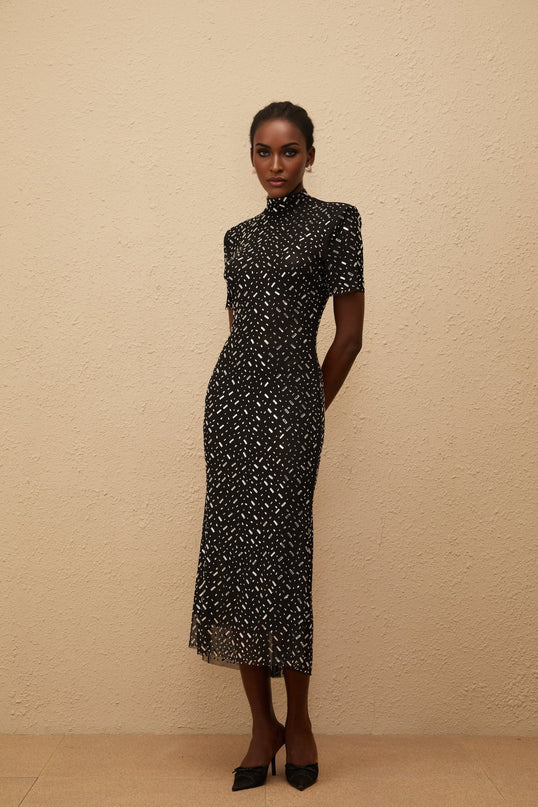Danielle Mesh Embellished Black Midi Dress with crystal and rhinestone embellishment