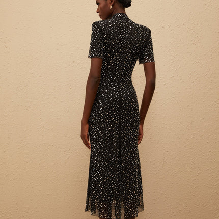 Danielle Mesh Embellished Black Midi Dress with Crystal and Rhinestone Embellishment