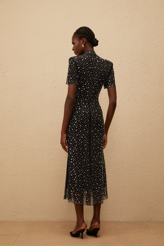 Danielle Mesh Embellished Black Midi Dress with Crystal and Rhinestone Embellishment