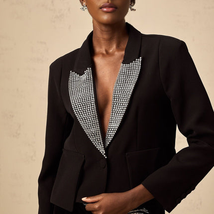 Daphne Black Crystal Embellished Vneck Blazer with Peak Lapels and Buttoned Sleeves