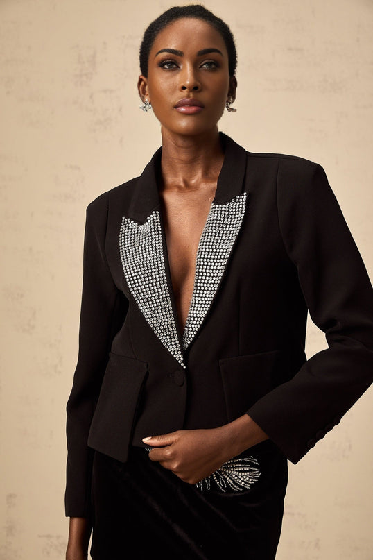 Daphne Black Crystal Embellished Vneck Blazer with Peak Lapels and Buttoned Sleeves