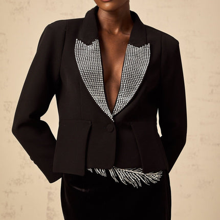 Daphne Black Crystal Embellished Vneck Blazer with Peak Lapels and Buttoned Sleeves