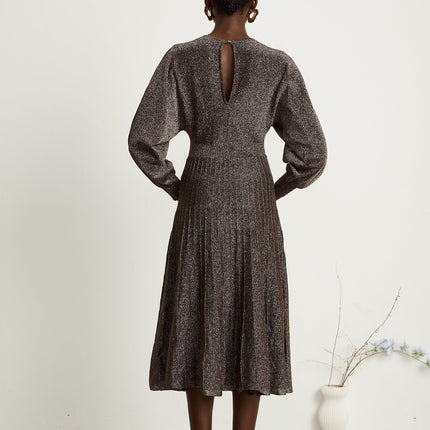 Daphne Brown Metallic Threaded Ribbed Knit Midi Dress