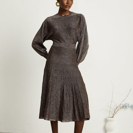Daphne Brown Metallic Threaded Ribbed Knit Midi Dress