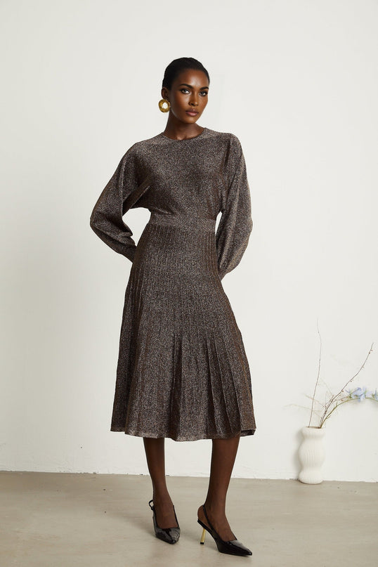 Daphne Brown Metallic Threaded Ribbed Knit Midi Dress