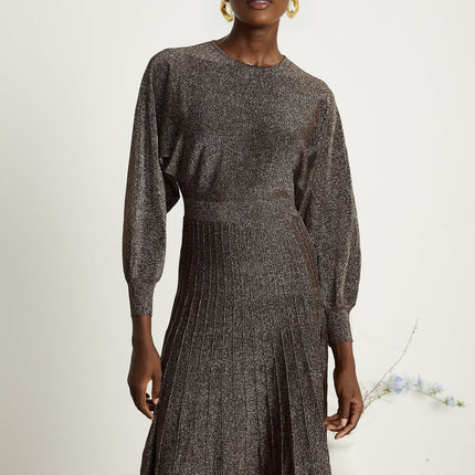 Daphne Brown Metallic Threaded Ribbed Knit Midi Dress