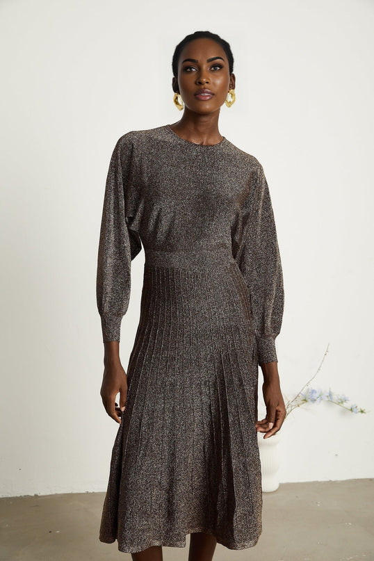 Daphne Brown Metallic Threaded Ribbed Knit Midi Dress